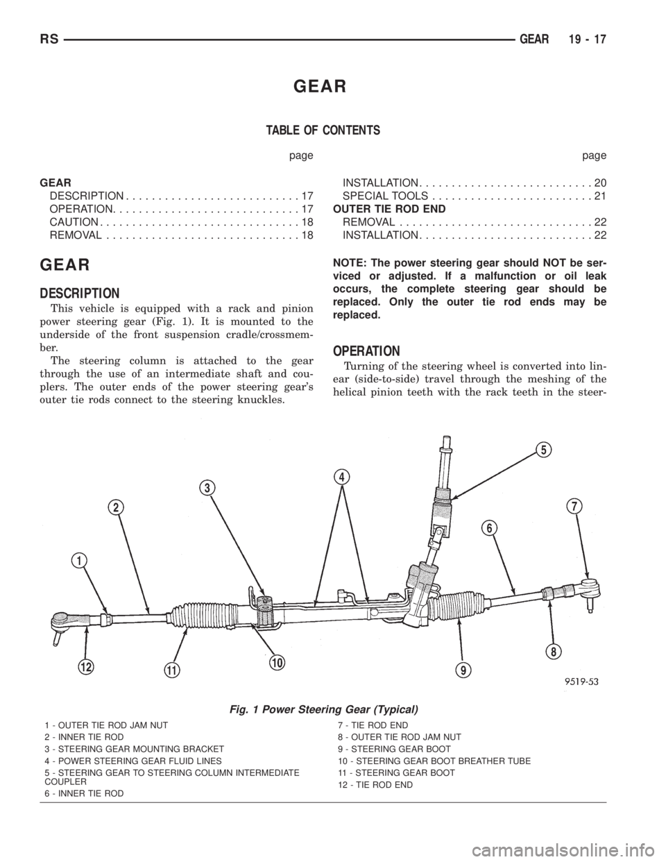 CHRYSLER VOYAGER 2001 Owners Guide GEAR
TABLE OF CONTENTS
page page
GEAR
DESCRIPTION...........................17
OPERATION.............................17
CAUTION...............................18
REMOVAL..............................18