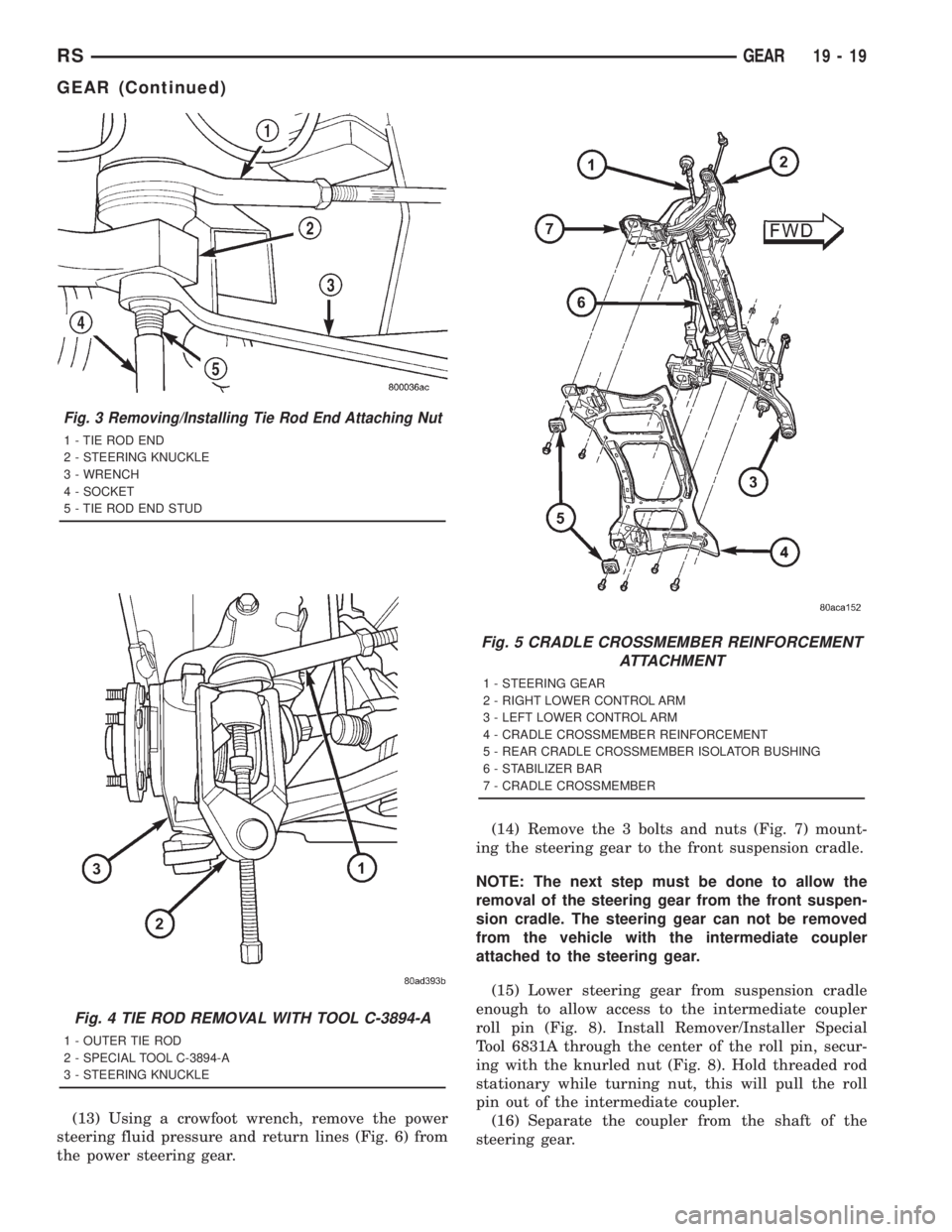 CHRYSLER VOYAGER 2001 Owners Guide (13) Using a crowfoot wrench, remove the power
steering fluid pressure and return lines (Fig. 6) from
the power steering gear.(14) Remove the 3 bolts and nuts (Fig. 7) mount-
ing the steering gear to 