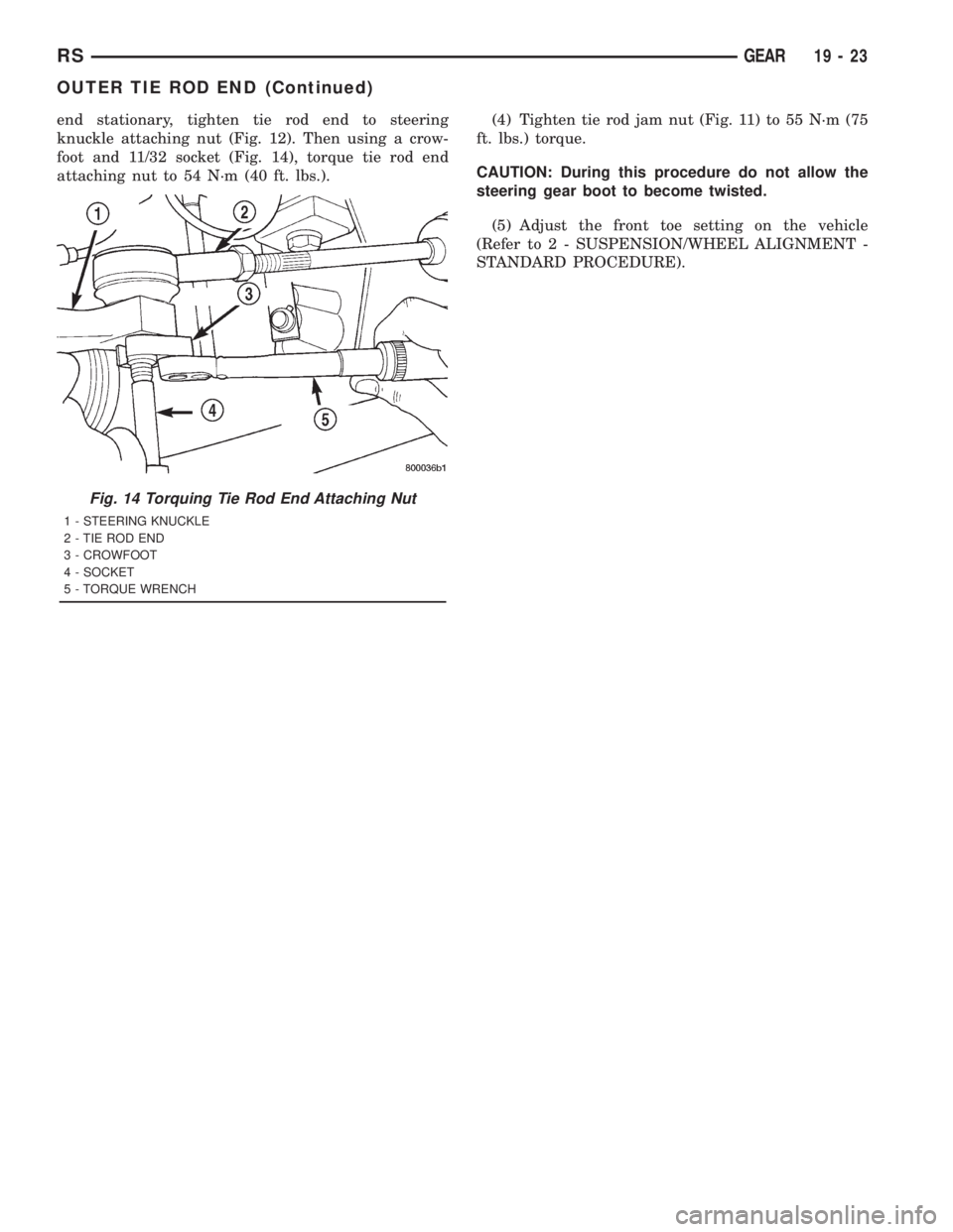 CHRYSLER VOYAGER 2001 Service Manual end stationary, tighten tie rod end to steering
knuckle attaching nut (Fig. 12). Then using a crow-
foot and 11/32 socket (Fig. 14), torque tie rod end
attaching nut to 54 N´m (40 ft. lbs.).(4) Tight CHRYSLER VOYAGER 2001 Service Manual end stationary, tighten tie rod end to steering
knuckle attaching nut (Fig. 12). Then using a crow-
foot and 11/32 socket (Fig. 14), torque tie rod end
attaching nut to 54 N´m (40 ft. lbs.).(4) Tight