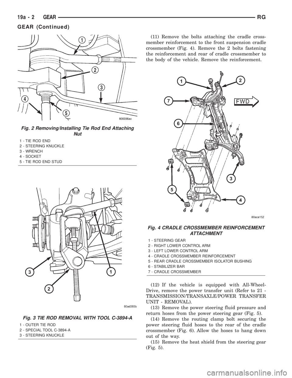 CHRYSLER VOYAGER 2001 Workshop Manual (11) Remove the bolts attaching the cradle cross-
member reinforcement to the front suspension cradle
crossmember (Fig. 4). Remove the 2 bolts fastening
the reinforcement and rear of cradle crossmembe
