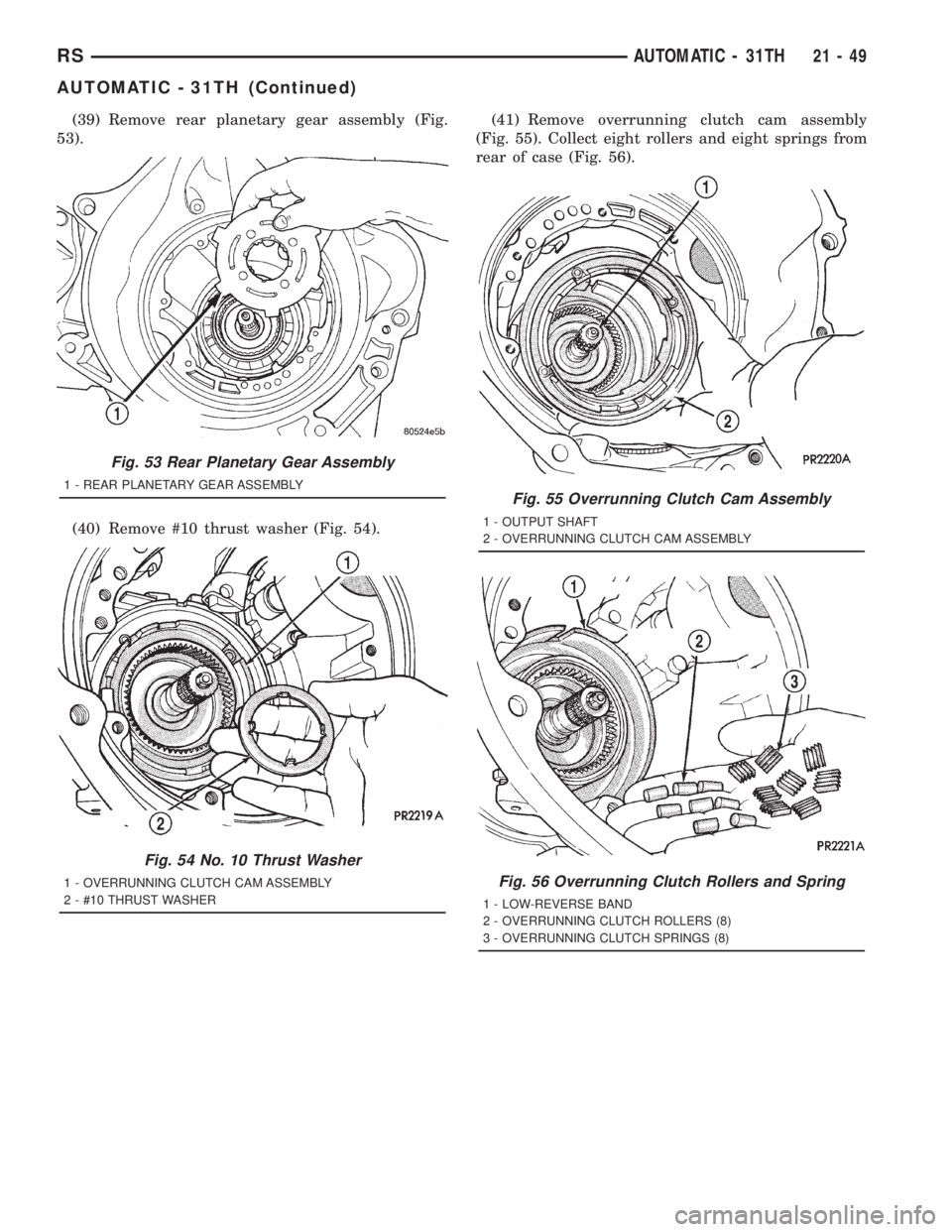 CHRYSLER VOYAGER 2001  Service Manual (39) Remove rear planetary gear assembly (Fig.
53).
(40) Remove #10 thrust washer (Fig. 54).(41) Remove overrunning clutch cam assembly
(Fig. 55). Collect eight rollers and eight springs from
rear of 