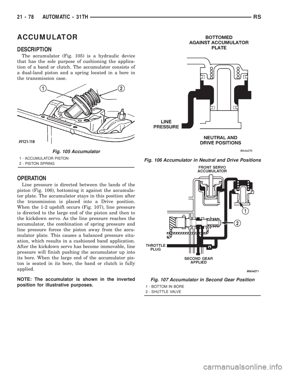 CHRYSLER VOYAGER 2001  Service Manual ACCUMULATOR
DESCRIPTION
The accumulator (Fig. 105) is a hydraulic device
that has the sole purpose of cushioning the applica-
tion of a band or clutch. The accumulator consists of
a dual-land piston a