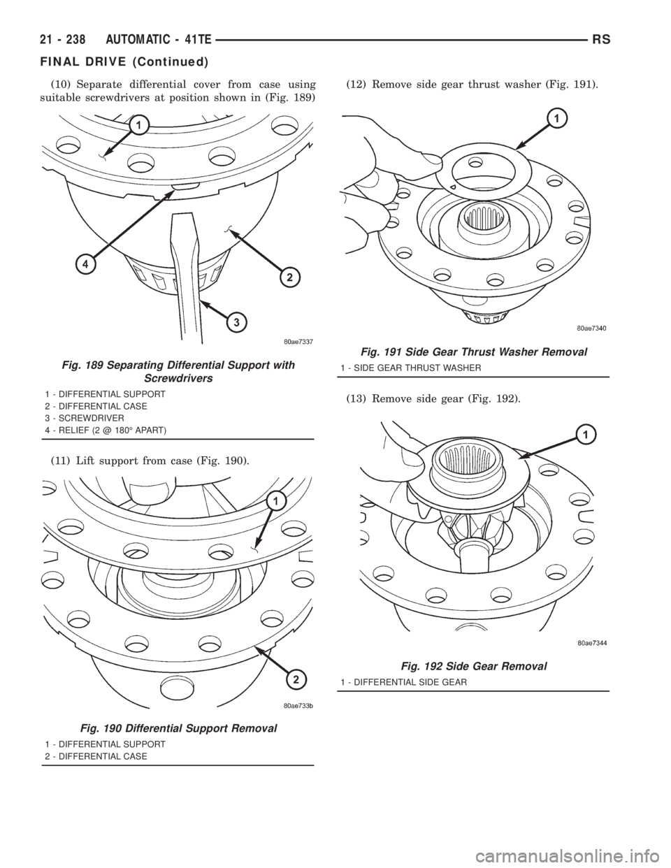 CHRYSLER VOYAGER 2001  Service Manual (10) Separate differential cover from case using
suitable screwdrivers at position shown in (Fig. 189)
(11) Lift support from case (Fig. 190).(12) Remove side gear thrust washer (Fig. 191).
(13) Remov