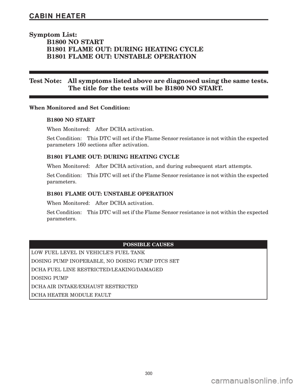 CHRYSLER VOYAGER 2001 Workshop Manual Symptom List:
B1800 NO START
B1801 FLAME OUT: DURING HEATING CYCLE
B1801 FLAME OUT: UNSTABLE OPERATION
Test Note: All symptoms listed above are diagnosed using the same tests.
The title for the tests CHRYSLER VOYAGER 2001 Workshop Manual Symptom List:
B1800 NO START
B1801 FLAME OUT: DURING HEATING CYCLE
B1801 FLAME OUT: UNSTABLE OPERATION
Test Note: All symptoms listed above are diagnosed using the same tests.
The title for the tests