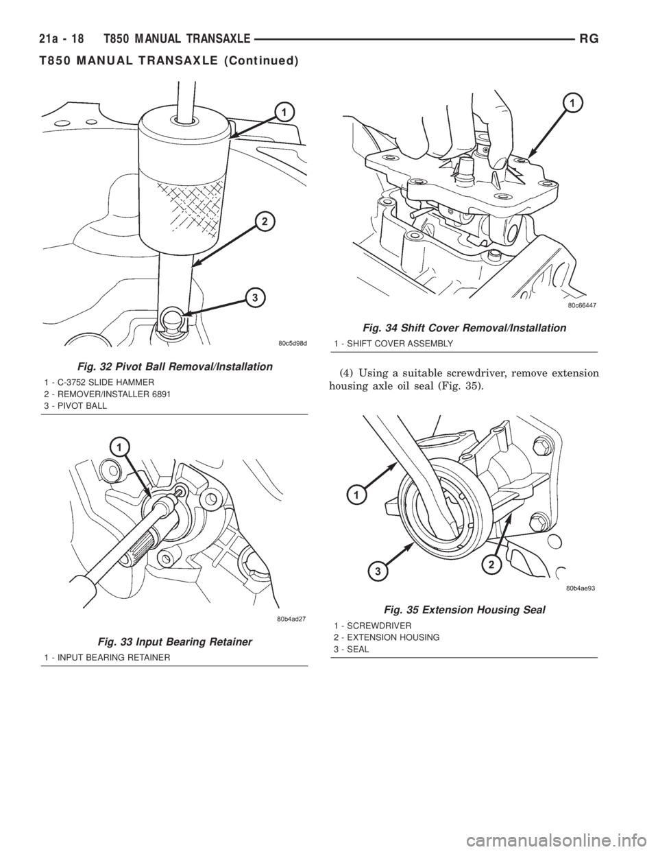 CHRYSLER VOYAGER 2001 Service Manual (4) Using a suitable screwdriver, remove extension
housing axle oil seal (Fig. 35).Fig. 32 Pivot Ball Removal/Installation
1 - C-3752 SLIDE HAMMER
2 - REMOVER/INSTALLER 6891
3 - PIVOT BALL
Fig. 33 Inp CHRYSLER VOYAGER 2001 Service Manual (4) Using a suitable screwdriver, remove extension
housing axle oil seal (Fig. 35).Fig. 32 Pivot Ball Removal/Installation
1 - C-3752 SLIDE HAMMER
2 - REMOVER/INSTALLER 6891
3 - PIVOT BALL
Fig. 33 Inp