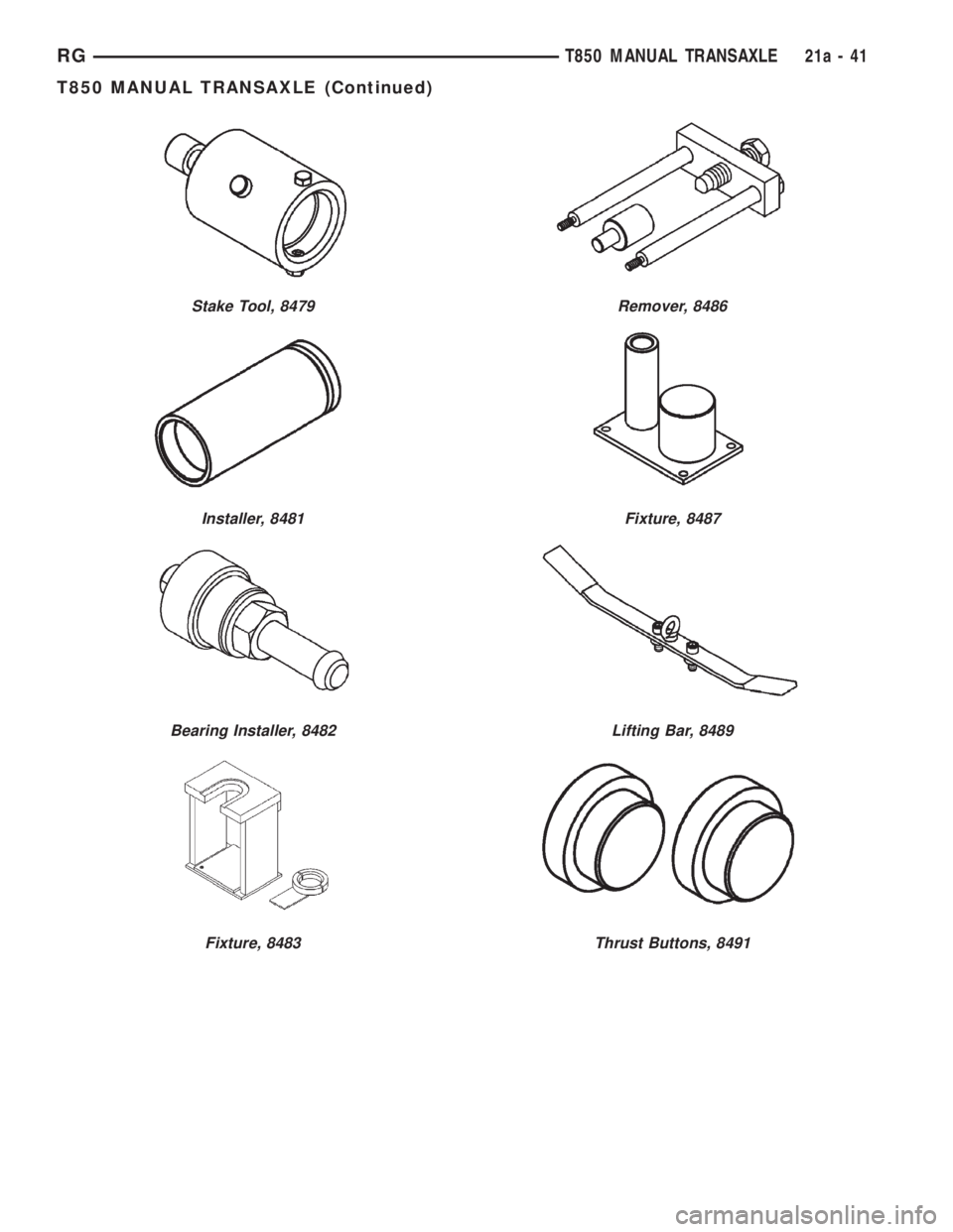 CHRYSLER VOYAGER 2001 User Guide Stake Tool, 8479
Installer, 8481
Bearing Installer, 8482
Fixture, 8483
Remover, 8486
Fixture, 8487
Lifting Bar, 8489
Thrust Buttons, 8491
RGT850 MANUAL TRANSAXLE21a-41
T850 MANUAL TRANSAXLE (Continued CHRYSLER VOYAGER 2001 User Guide Stake Tool, 8479
Installer, 8481
Bearing Installer, 8482
Fixture, 8483
Remover, 8486
Fixture, 8487
Lifting Bar, 8489
Thrust Buttons, 8491
RGT850 MANUAL TRANSAXLE21a-41
T850 MANUAL TRANSAXLE (Continued