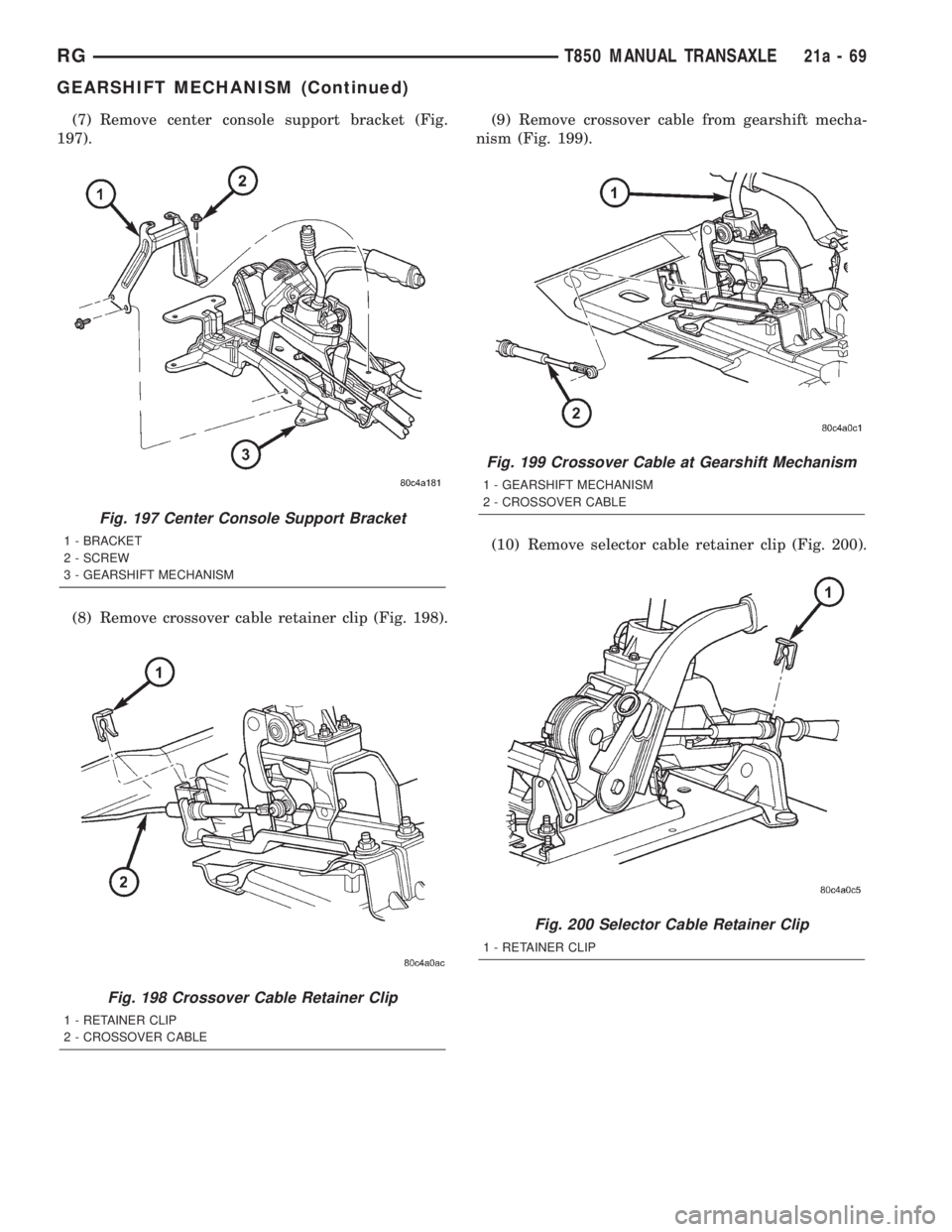 CHRYSLER VOYAGER 2001 Service Manual (7) Remove center console support bracket (Fig.
197).
(8) Remove crossover cable retainer clip (Fig. 198).(9) Remove crossover cable from gearshift mecha-
nism (Fig. 199).
(10) Remove selector cable r CHRYSLER VOYAGER 2001 Service Manual (7) Remove center console support bracket (Fig.
197).
(8) Remove crossover cable retainer clip (Fig. 198).(9) Remove crossover cable from gearshift mecha-
nism (Fig. 199).
(10) Remove selector cable r
