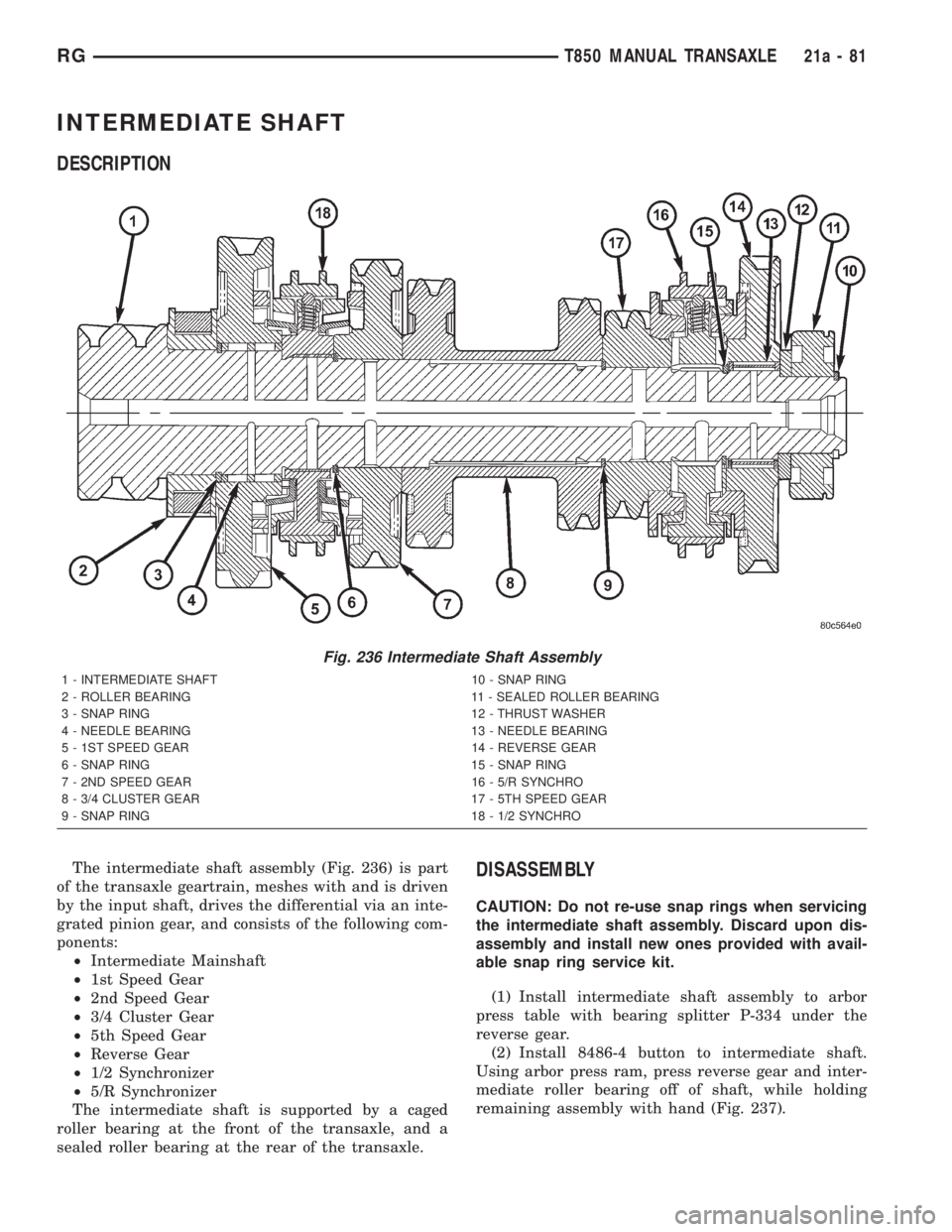 CHRYSLER VOYAGER 2001  Service Manual INTERMEDIATE SHAFT
DESCRIPTION
The intermediate shaft assembly (Fig. 236) is part
of the transaxle geartrain, meshes with and is driven
by the input shaft, drives the differential via an inte-
grated 