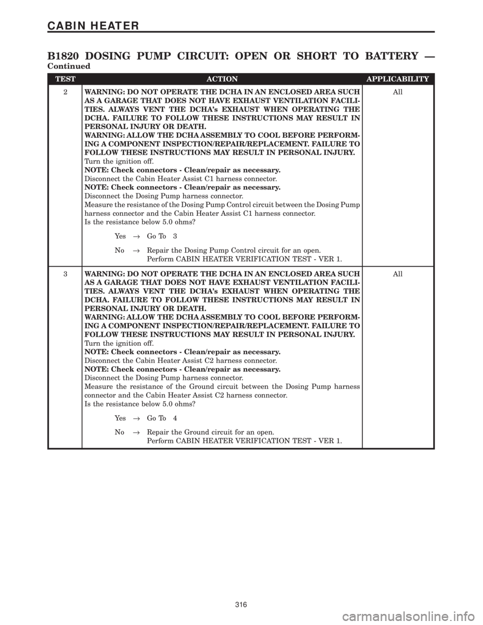 CHRYSLER VOYAGER 2001  Service Manual TEST ACTION APPLICABILITY
2WARNING: DO NOT OPERATE THE DCHA IN AN ENCLOSED AREA SUCH
AS A GARAGE THAT DOES NOT HAVE EXHAUST VENTILATION FACILI-
TIES. ALWAYS VENT THE DCHAs EXHAUST WHEN OPERATING THE
