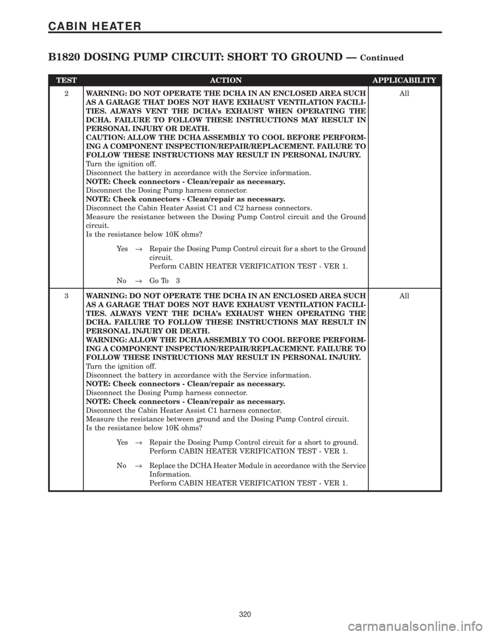 CHRYSLER VOYAGER 2001  Service Manual TEST ACTION APPLICABILITY
2WARNING: DO NOT OPERATE THE DCHA IN AN ENCLOSED AREA SUCH
AS A GARAGE THAT DOES NOT HAVE EXHAUST VENTILATION FACILI-
TIES. ALWAYS VENT THE DCHAs EXHAUST WHEN OPERATING THE
