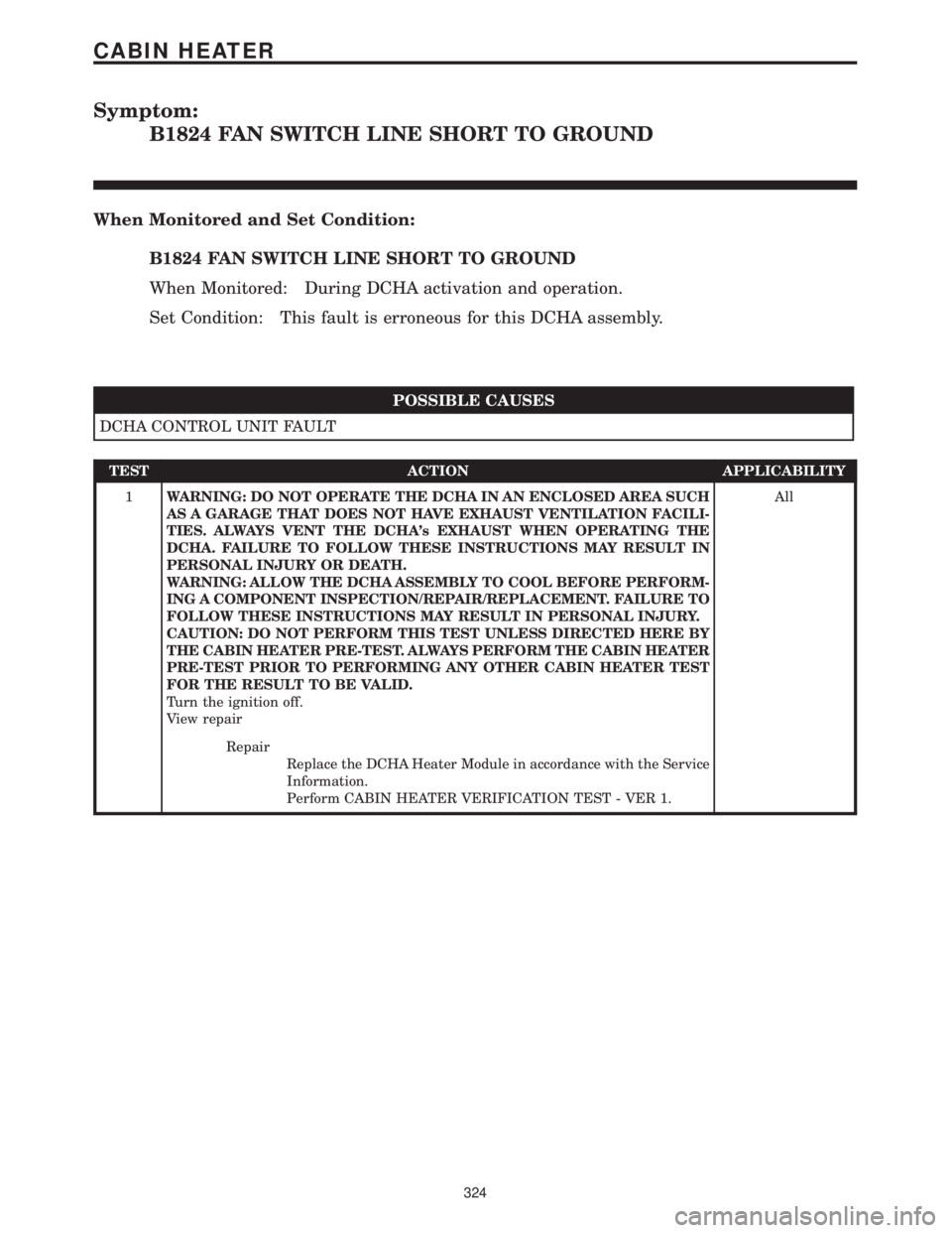 CHRYSLER VOYAGER 2001 Service Manual Symptom:
B1824 FAN SWITCH LINE SHORT TO GROUND
When Monitored and Set Condition:
B1824 FAN SWITCH LINE SHORT TO GROUND
When Monitored: During DCHA activation and operation.
Set Condition: This fault i CHRYSLER VOYAGER 2001 Service Manual Symptom:
B1824 FAN SWITCH LINE SHORT TO GROUND
When Monitored and Set Condition:
B1824 FAN SWITCH LINE SHORT TO GROUND
When Monitored: During DCHA activation and operation.
Set Condition: This fault i