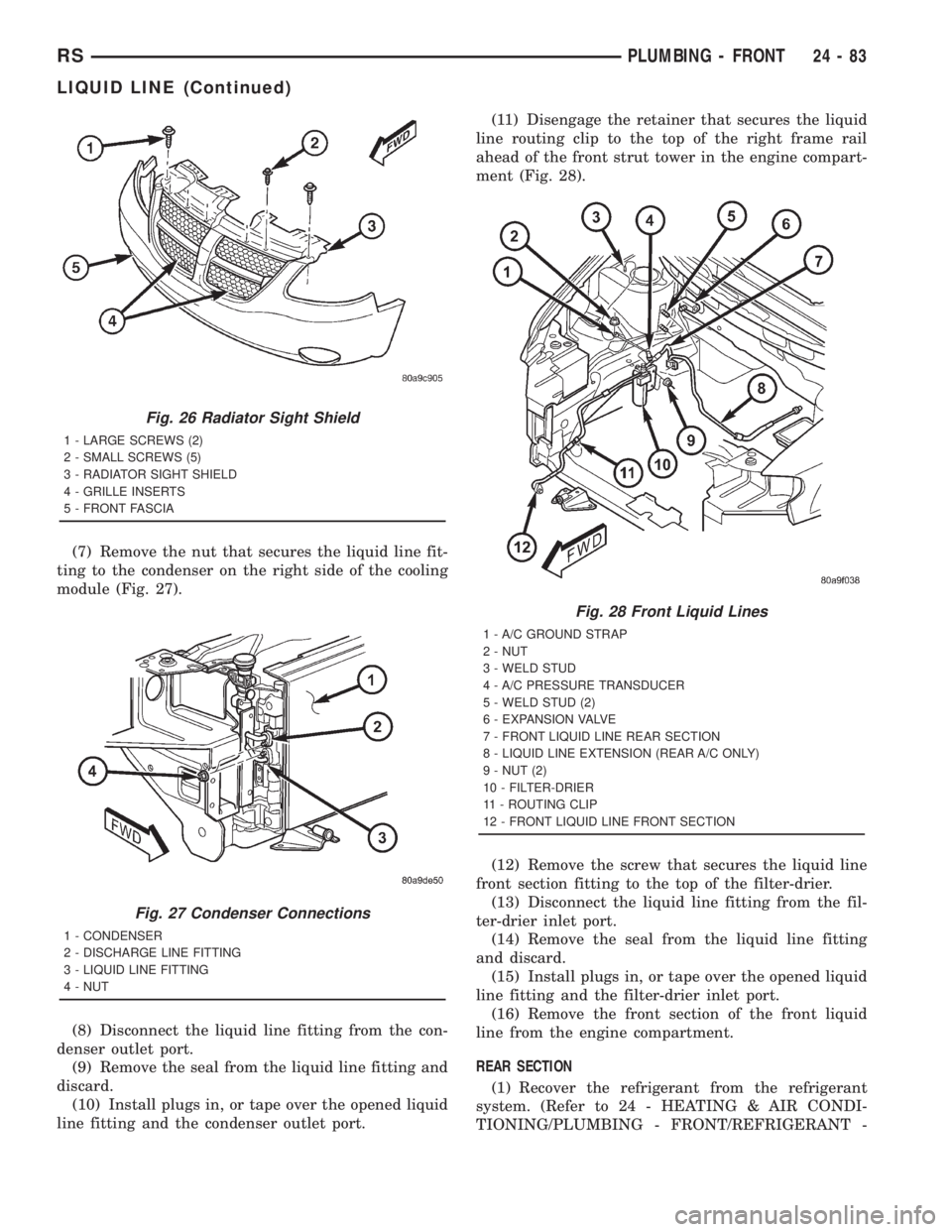 CHRYSLER VOYAGER 2001 Service Manual (7) Remove the nut that secures the liquid line fit-
ting to the condenser on the right side of the cooling
module (Fig. 27).
(8) Disconnect the liquid line fitting from the con-
denser outlet port.
( CHRYSLER VOYAGER 2001 Service Manual (7) Remove the nut that secures the liquid line fit-
ting to the condenser on the right side of the cooling
module (Fig. 27).
(8) Disconnect the liquid line fitting from the con-
denser outlet port.
(