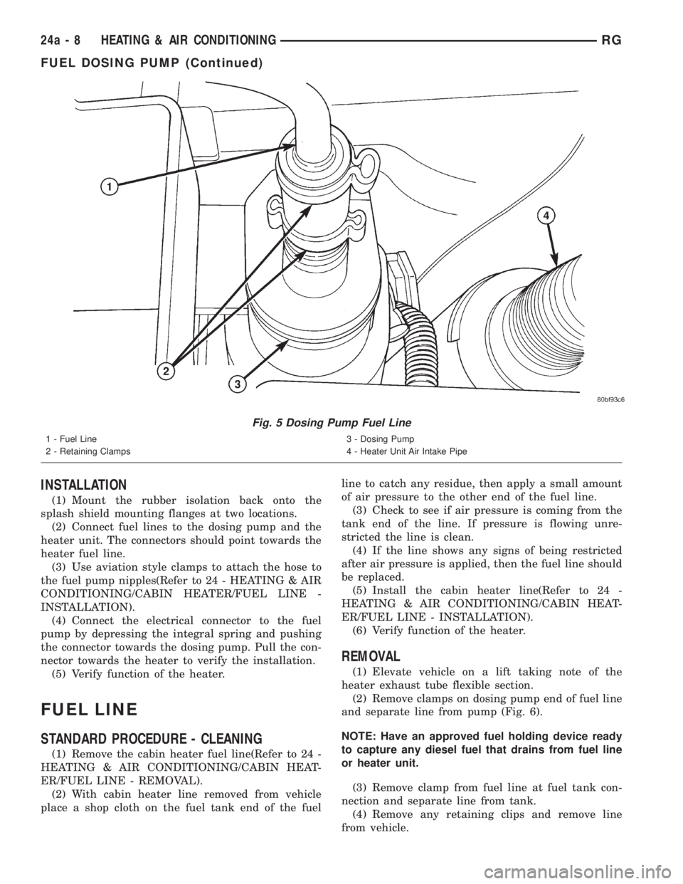 CHRYSLER VOYAGER 2001  Service Manual INSTALLATION
(1) Mount the rubber isolation back onto the
splash shield mounting flanges at two locations.
(2) Connect fuel lines to the dosing pump and the
heater unit. The connectors should point to