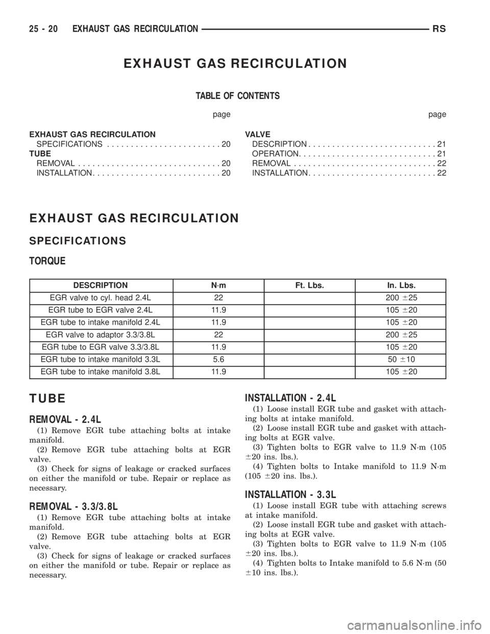 CHRYSLER VOYAGER 2001 Service Manual EXHAUST GAS RECIRCULATION
TABLE OF CONTENTS
page page
EXHAUST GAS RECIRCULATION
SPECIFICATIONS........................20
TUBE
REMOVAL..............................20
INSTALLATION...................... CHRYSLER VOYAGER 2001 Service Manual EXHAUST GAS RECIRCULATION
TABLE OF CONTENTS
page page
EXHAUST GAS RECIRCULATION
SPECIFICATIONS........................20
TUBE
REMOVAL..............................20
INSTALLATION......................
