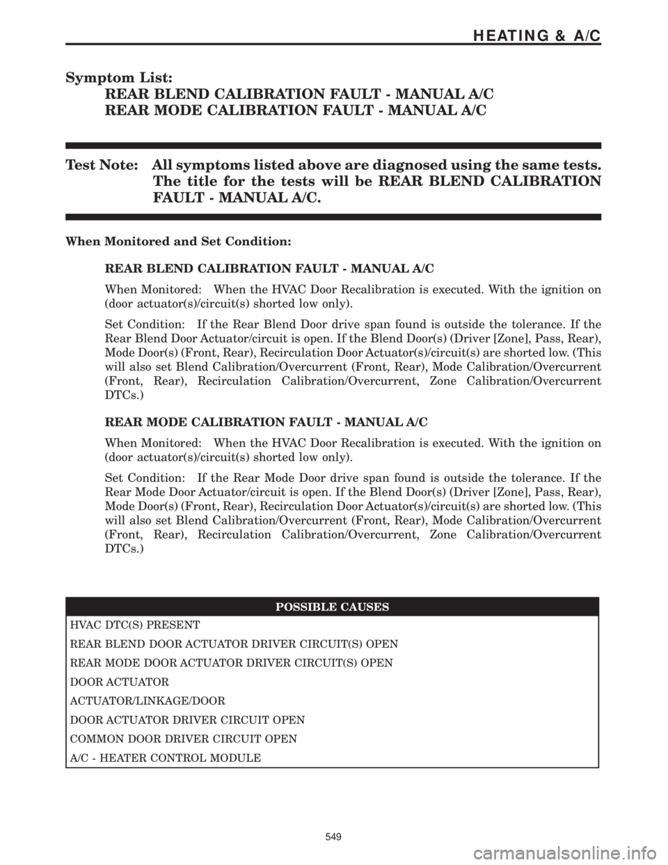 CHRYSLER VOYAGER 2001 Service Manual Symptom List:
REAR BLEND CALIBRATION FAULT - MANUAL A/C
REAR MODE CALIBRATION FAULT - MANUAL A/C
Test Note: All symptoms listed above are diagnosed using the same tests.
The title for the tests will b CHRYSLER VOYAGER 2001 Service Manual Symptom List:
REAR BLEND CALIBRATION FAULT - MANUAL A/C
REAR MODE CALIBRATION FAULT - MANUAL A/C
Test Note: All symptoms listed above are diagnosed using the same tests.
The title for the tests will b