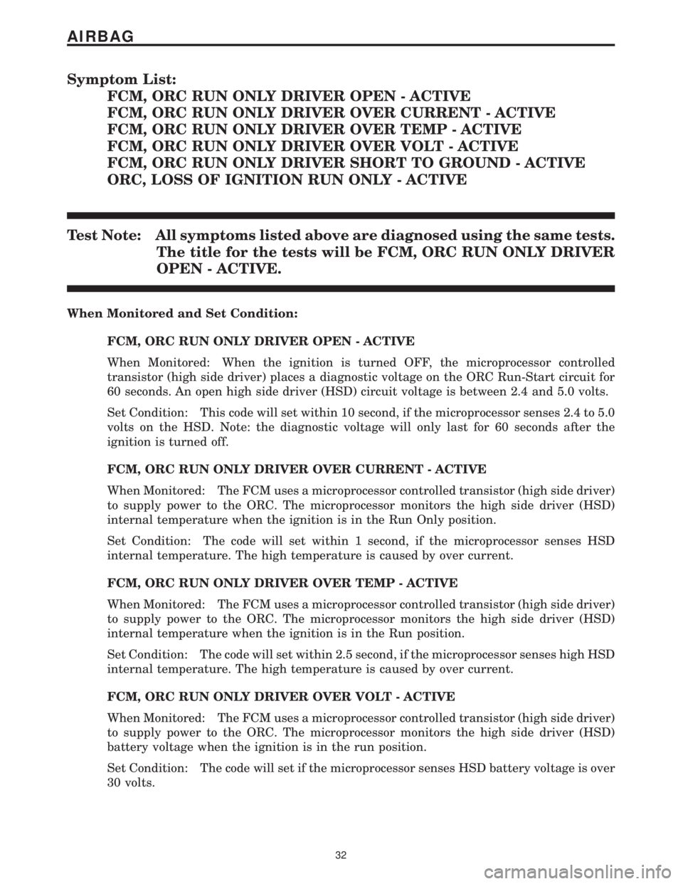 CHRYSLER VOYAGER 2001 Repair Manual Symptom List:
FCM, ORC RUN ONLY DRIVER OPEN - ACTIVE
FCM, ORC RUN ONLY DRIVER OVER CURRENT - ACTIVE
FCM, ORC RUN ONLY DRIVER OVER TEMP - ACTIVE
FCM, ORC RUN ONLY DRIVER OVER VOLT - ACTIVE
FCM, ORC RUN CHRYSLER VOYAGER 2001 Repair Manual Symptom List:
FCM, ORC RUN ONLY DRIVER OPEN - ACTIVE
FCM, ORC RUN ONLY DRIVER OVER CURRENT - ACTIVE
FCM, ORC RUN ONLY DRIVER OVER TEMP - ACTIVE
FCM, ORC RUN ONLY DRIVER OVER VOLT - ACTIVE
FCM, ORC RUN