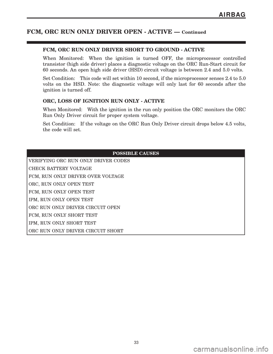 CHRYSLER VOYAGER 2001 Repair Manual FCM, ORC RUN ONLY DRIVER SHORT TO GROUND - ACTIVE
When Monitored: When the ignition is turned OFF, the microprocessor controlled
transistor (high side driver) places a diagnostic voltage on the ORC Ru CHRYSLER VOYAGER 2001 Repair Manual FCM, ORC RUN ONLY DRIVER SHORT TO GROUND - ACTIVE
When Monitored: When the ignition is turned OFF, the microprocessor controlled
transistor (high side driver) places a diagnostic voltage on the ORC Ru
