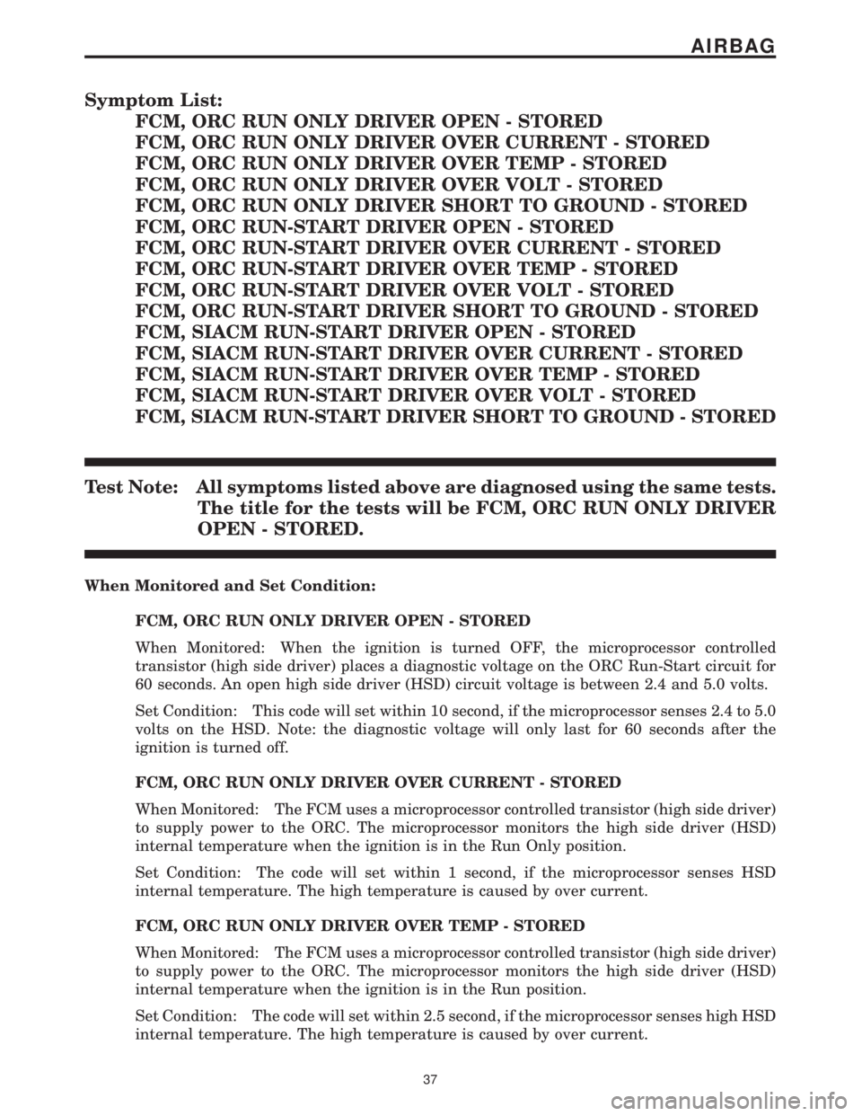 CHRYSLER VOYAGER 2001 Repair Manual Symptom List:
FCM, ORC RUN ONLY DRIVER OPEN - STORED
FCM, ORC RUN ONLY DRIVER OVER CURRENT - STORED
FCM, ORC RUN ONLY DRIVER OVER TEMP - STORED
FCM, ORC RUN ONLY DRIVER OVER VOLT - STORED
FCM, ORC RUN CHRYSLER VOYAGER 2001 Repair Manual Symptom List:
FCM, ORC RUN ONLY DRIVER OPEN - STORED
FCM, ORC RUN ONLY DRIVER OVER CURRENT - STORED
FCM, ORC RUN ONLY DRIVER OVER TEMP - STORED
FCM, ORC RUN ONLY DRIVER OVER VOLT - STORED
FCM, ORC RUN
