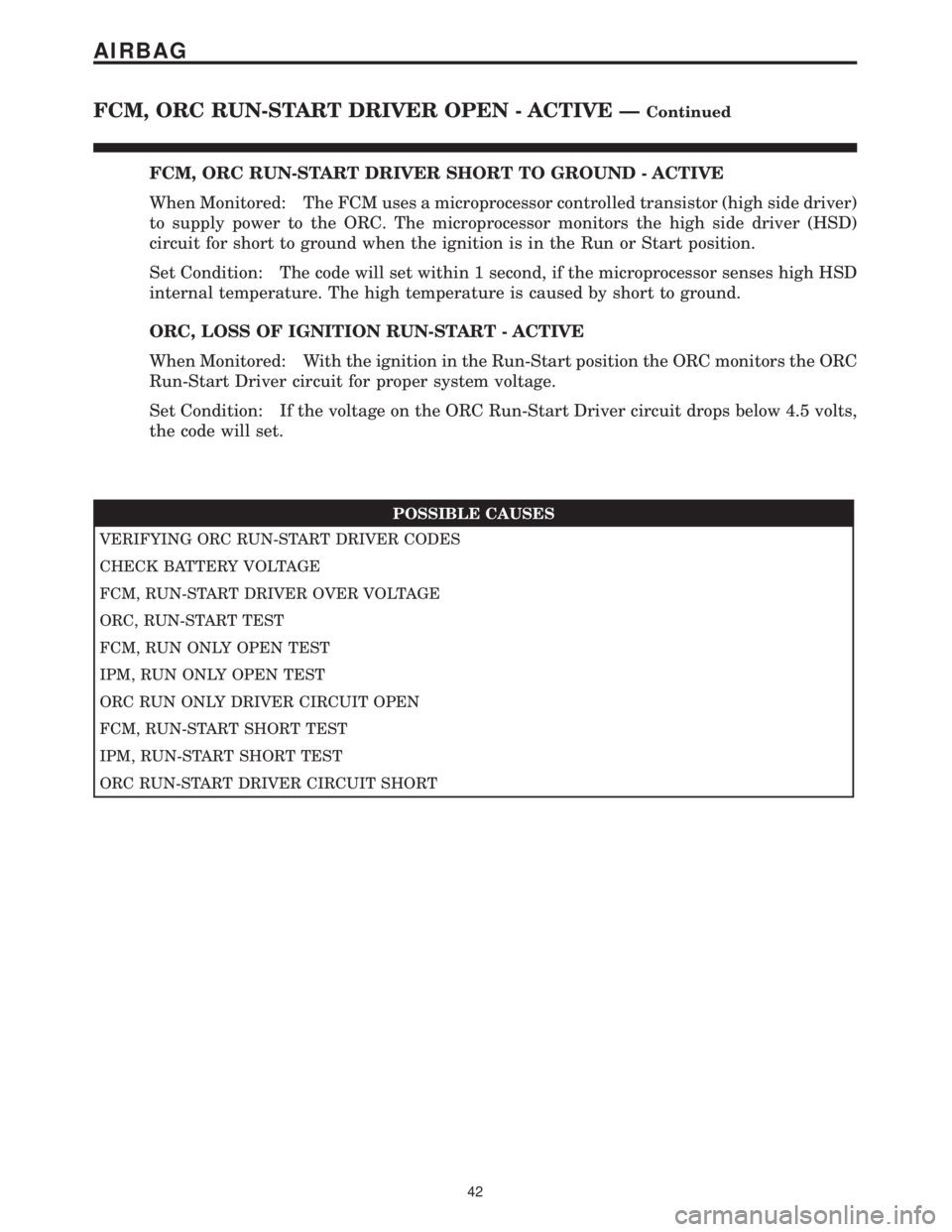 CHRYSLER VOYAGER 2001 Manual PDF FCM, ORC RUN-START DRIVER SHORT TO GROUND - ACTIVE
When Monitored: The FCM uses a microprocessor controlled transistor (high side driver)
to supply power to the ORC. The microprocessor monitors the hi CHRYSLER VOYAGER 2001 Manual PDF FCM, ORC RUN-START DRIVER SHORT TO GROUND - ACTIVE
When Monitored: The FCM uses a microprocessor controlled transistor (high side driver)
to supply power to the ORC. The microprocessor monitors the hi