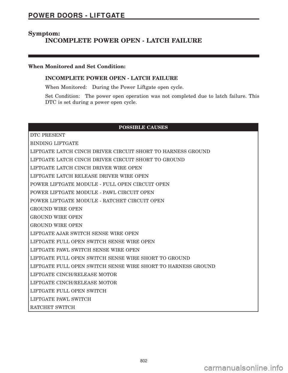 CHRYSLER VOYAGER 2001  Service Manual Symptom:
INCOMPLETE POWER OPEN - LATCH FAILURE
When Monitored and Set Condition:
INCOMPLETE POWER OPEN - LATCH FAILURE
When Monitored: During the Power Liftgate open cycle.
Set Condition: The power op