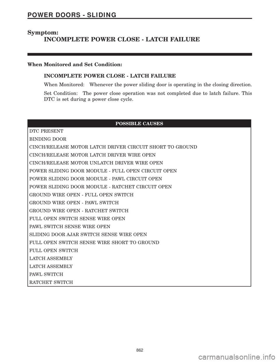 CHRYSLER VOYAGER 2001  Service Manual Symptom:
INCOMPLETE POWER CLOSE - LATCH FAILURE
When Monitored and Set Condition:
INCOMPLETE POWER CLOSE - LATCH FAILURE
When Monitored: Whenever the power sliding door is operating in the closing dir