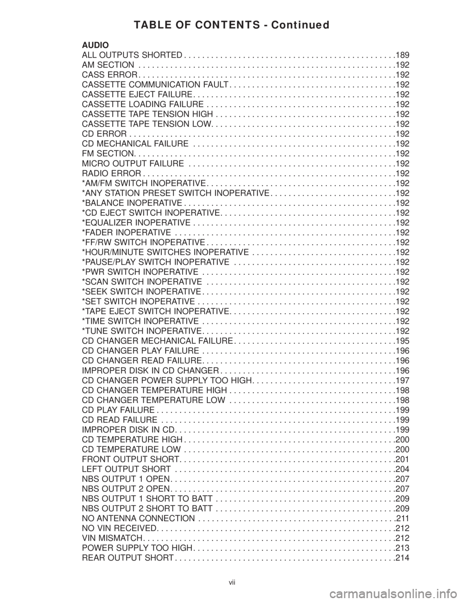 CHRYSLER VOYAGER 2001  Service Manual TABLE OF CONTENTS - Continued
AUDIO
ALL OUTPUTS SHORTED...............................................189
AM SECTION.........................................................192
CASS ERROR.............