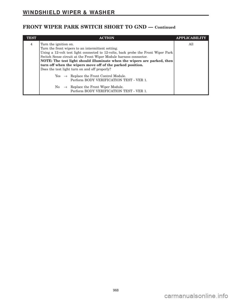 CHRYSLER VOYAGER 2001  Service Manual TEST ACTION APPLICABILITY
4 Turn the ignition on.
Turn the front wipers to an intermittent setting.
Using a 12-volt test light connected to 12-volts, back probe the Front Wiper Park
Switch Sense circu