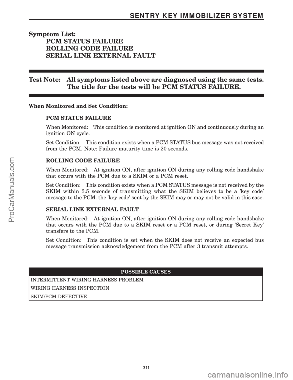 CHRYSLER VOYAGER 2000 Diagnostic Manual Symptom List:
PCM STATUS FAILURE
ROLLING CODE FAILURE
SERIAL LINK EXTERNAL FAULT
Test Note: All symptoms listed above are diagnosed using the same tests.
The title for the tests will be PCM STATUS FAI CHRYSLER VOYAGER 2000 Diagnostic Manual Symptom List:
PCM STATUS FAILURE
ROLLING CODE FAILURE
SERIAL LINK EXTERNAL FAULT
Test Note: All symptoms listed above are diagnosed using the same tests.
The title for the tests will be PCM STATUS FAI