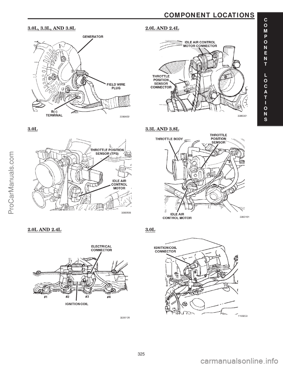 CHRYSLER VOYAGER 2000 Diagnostic Manual 3.0L, 3.3L, AND 3.8L2.0L AND 2.4L
3.0L3.3L AND 3.8L
2.0L AND 2.4L3.0L
C
O
M
P
O
N
E
N
T
L
O
C
A
T
I
O
N
S
325
COMPONENT LOCATIONS
ProCarManuals.com CHRYSLER VOYAGER 2000 Diagnostic Manual 3.0L, 3.3L, AND 3.8L2.0L AND 2.4L
3.0L3.3L AND 3.8L
2.0L AND 2.4L3.0L
C
O
M
P
O
N
E
N
T
L
O
C
A
T
I
O
N
S
325
COMPONENT LOCATIONS
ProCarManuals.com