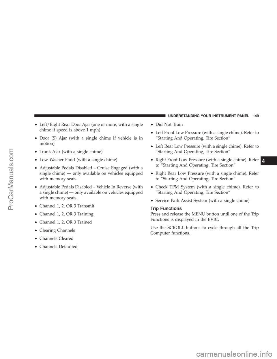 CHRYSLER 300 LX 2005 Owners Manual ²Left/Right Rear Door Ajar (one or more, with a single
chime if speed is above 1 mph)
²Door (S) Ajar (with a single chime if vehicle is in
motion)
²Trunk Ajar (with a single chime)
²Low Washer Flu CHRYSLER 300 LX 2005 Owners Manual ²Left/Right Rear Door Ajar (one or more, with a single
chime if speed is above 1 mph)
²Door (S) Ajar (with a single chime if vehicle is in
motion)
²Trunk Ajar (with a single chime)
²Low Washer Flu