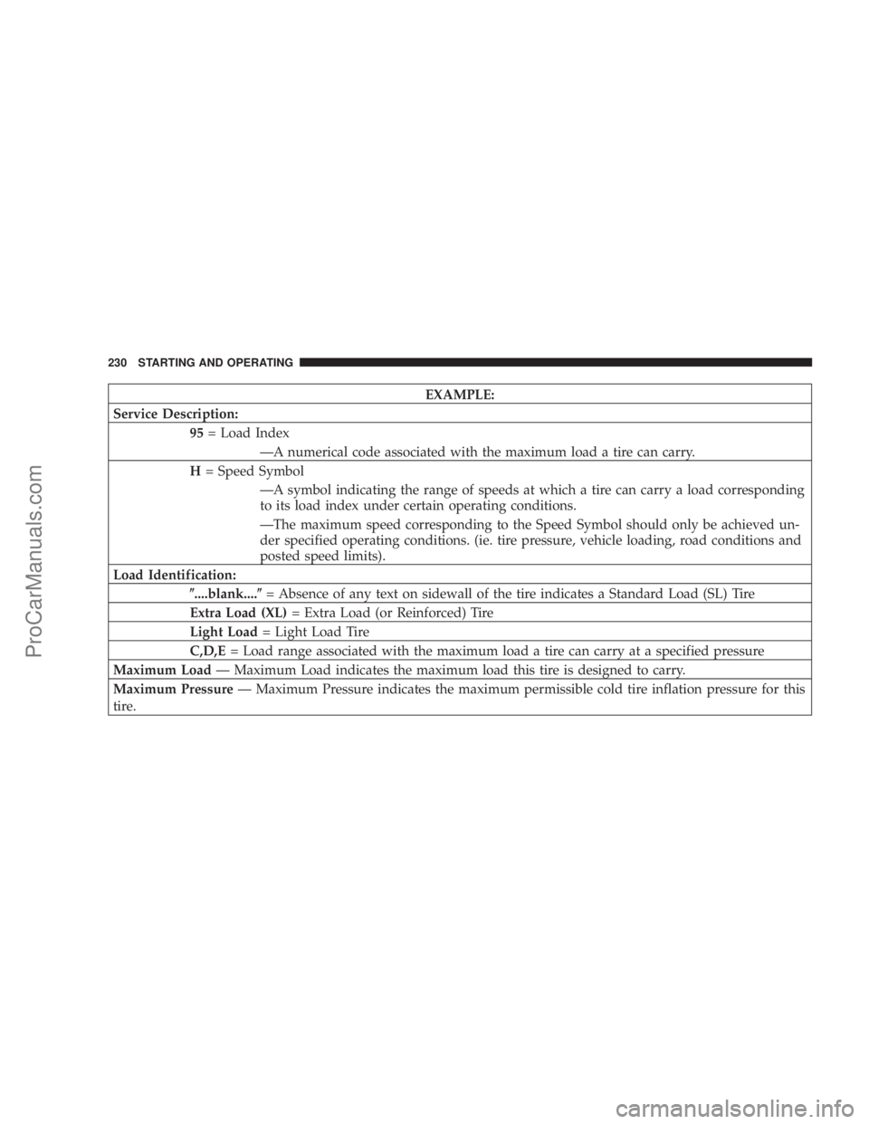 CHRYSLER 300 LX 2005 Owners Guide EXAMPLE:
Service Description:
95= Load Index
ÐA numerical code associated with the maximum load a tire can carry.
H= Speed Symbol
ÐA symbol indicating the range of speeds at which a tire can carry a CHRYSLER 300 LX 2005 Owners Guide EXAMPLE:
Service Description:
95= Load Index
ÐA numerical code associated with the maximum load a tire can carry.
H= Speed Symbol
ÐA symbol indicating the range of speeds at which a tire can carry a