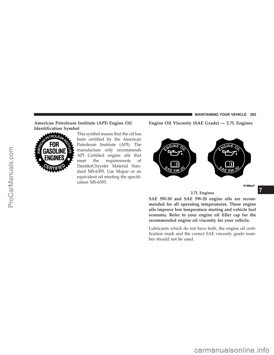 CHRYSLER 300 LX 2005  Owners Manual American Petroleum Institute (API) Engine Oil
Identification Symbol
This symbol means that the oil has
been certified by the American
Petroleum Institute (API). The
manufacture only recommends
API Cer
