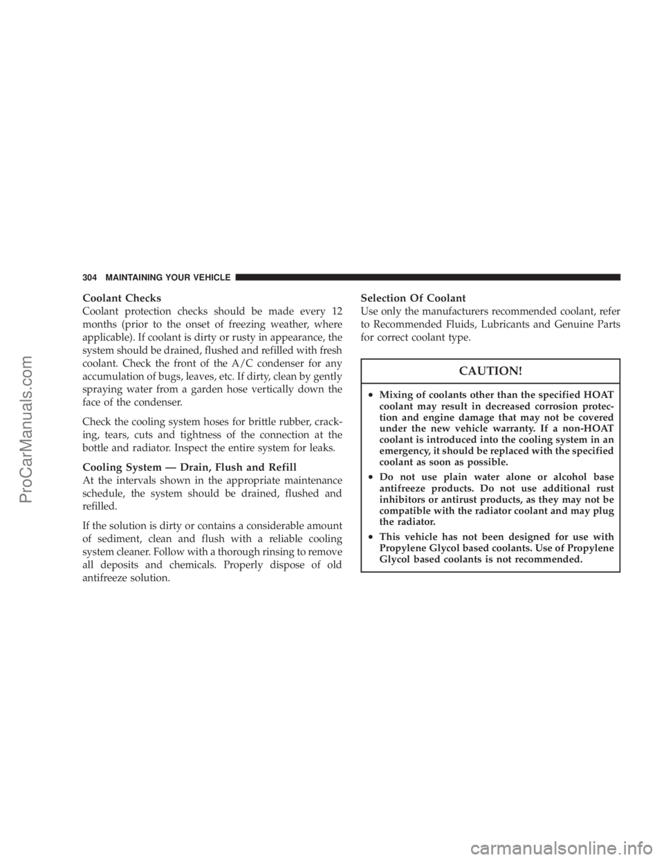 CHRYSLER 300 LX 2005  Owners Manual Coolant Checks
Coolant protection checks should be made every 12
months (prior to the onset of freezing weather, where
applicable). If coolant is dirty or rusty in appearance, the
system should be dra