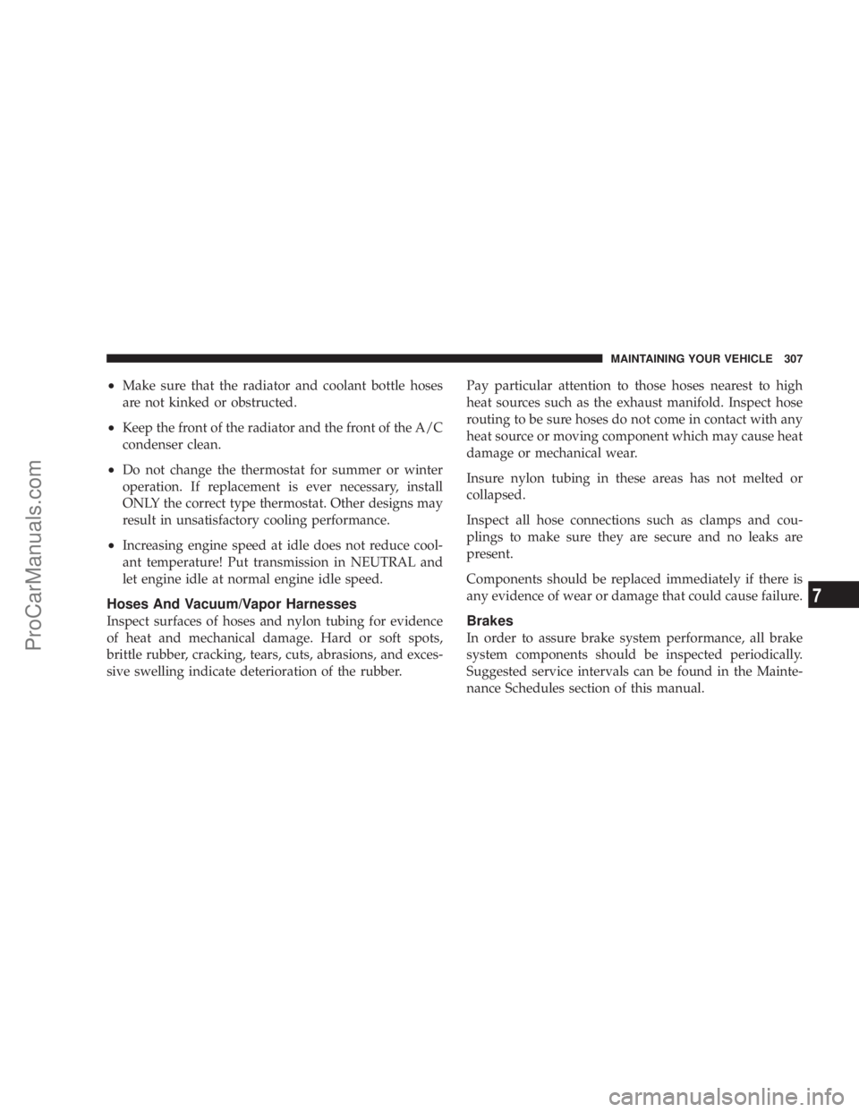 CHRYSLER 300 LX 2005  Owners Manual ²Make sure that the radiator and coolant bottle hoses
are not kinked or obstructed.
²Keep the front of the radiator and the front of the A/C
condenser clean.
²Do not change the thermostat for summe