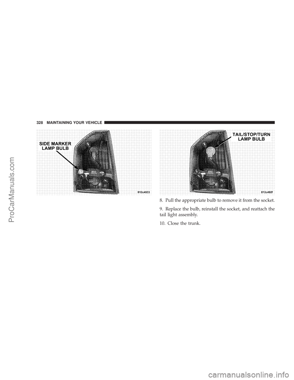 CHRYSLER 300 LX 2005  Owners Manual 8. Pull the appropriate bulb to remove it from the socket.
9. Replace the bulb, reinstall the socket, and reattach the
tail light assembly.
10. Close the trunk.
328 MAINTAINING YOUR VEHICLE
ProCarManu