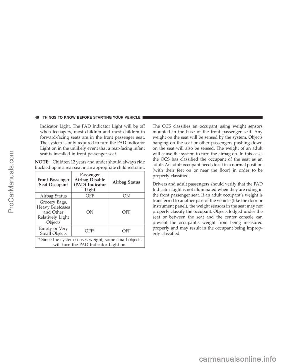 CHRYSLER 300 LX 2005 Service Manual Indicator Light. The PAD Indicator Light will be off
when teenagers, most children and most children in
forward-facing seats are in the front passenger seat.
The system is only required to turn the PA