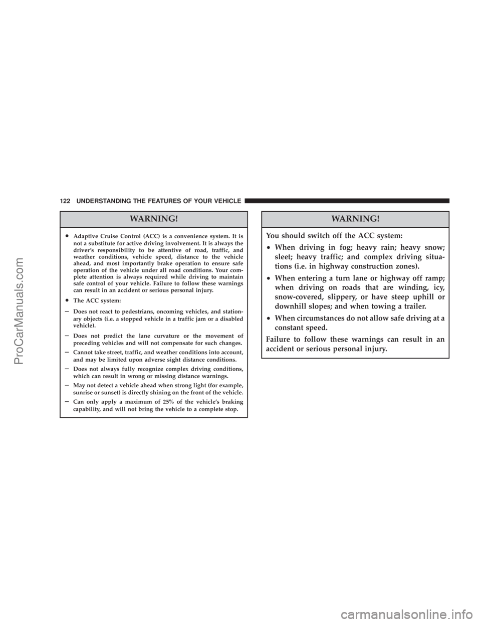 CHRYSLER 300 LX 2007  Owners Manual WARNING!
•Adaptive Cruise Control (ACC) is a convenience system. It is
not a substitute for active driving involvement. It is always the
driver ’s responsibility to be attentive of road, traffic, 