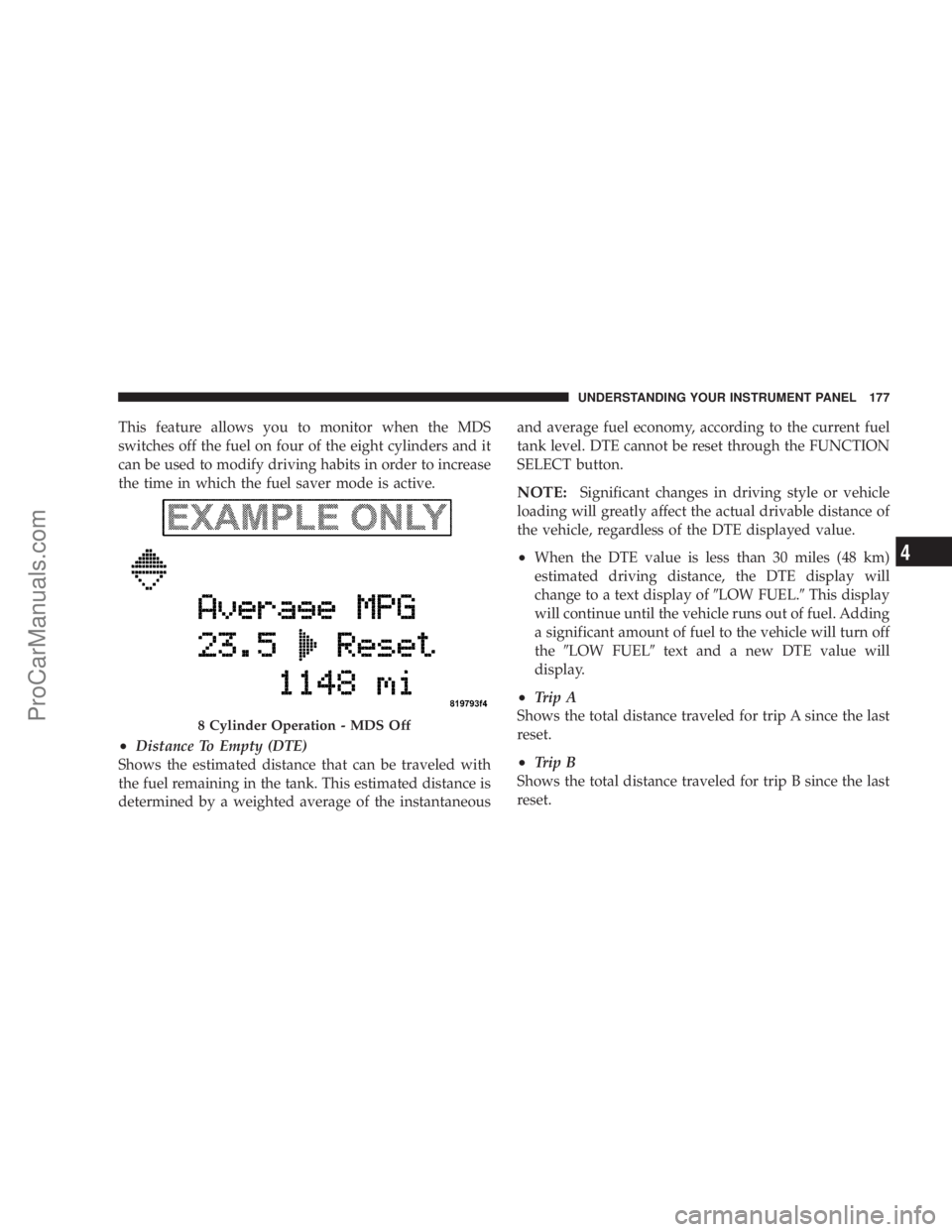 CHRYSLER 300 LX 2007  Owners Manual This feature allows you to monitor when the MDS
switches off the fuel on four of the eight cylinders and it
can be used to modify driving habits in order to increase
the time in which the fuel saver m