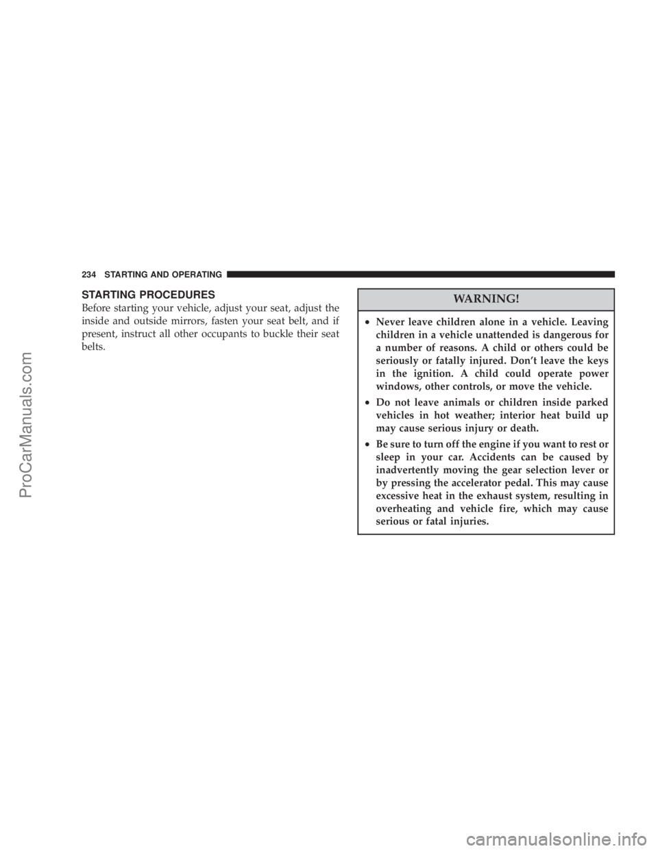 CHRYSLER 300 LX 2007 Owners Manual STARTING PROCEDURES
Before starting your vehicle, adjust your seat, adjust the
inside and outside mirrors, fasten your seat belt, and if
present, instruct all other occupants to buckle their seat
belt