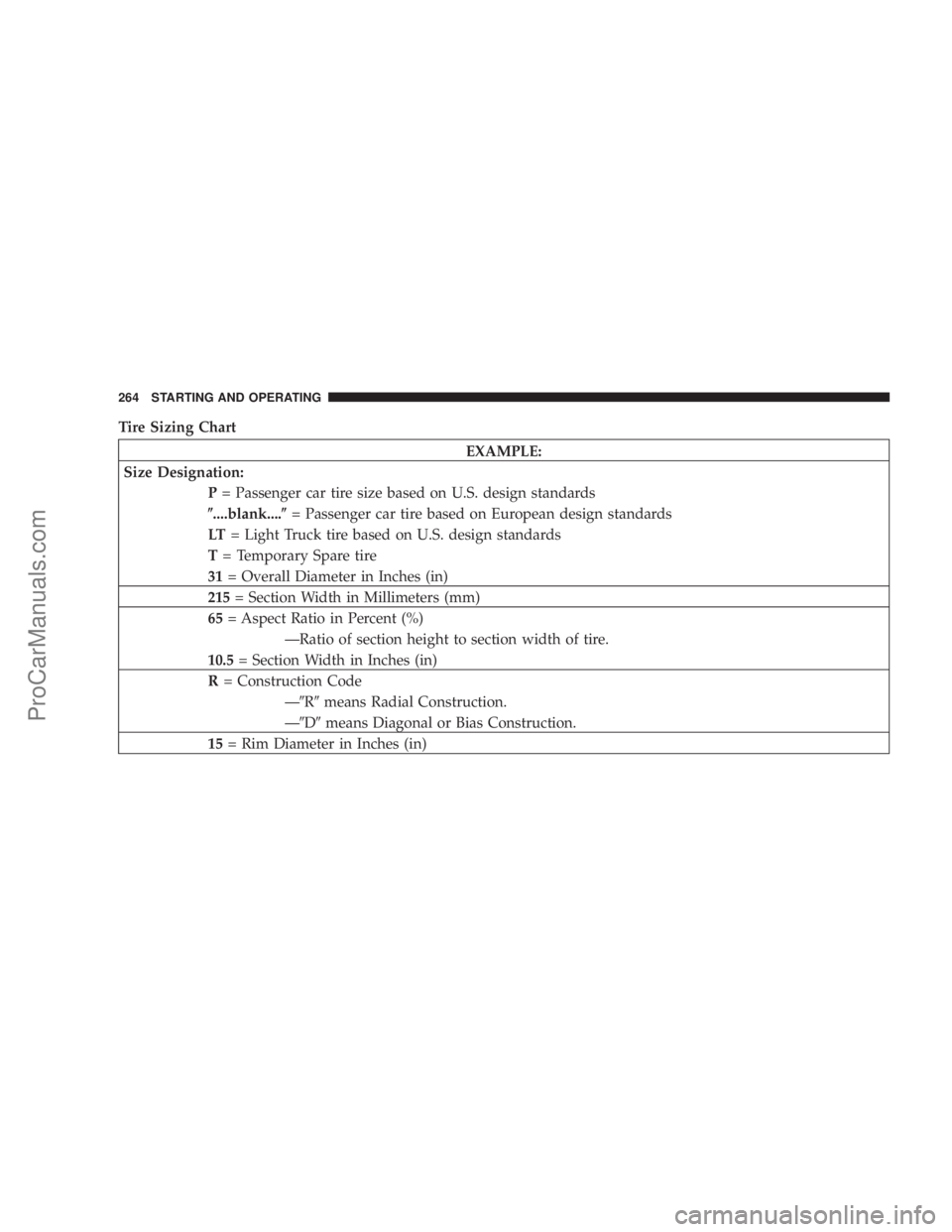 CHRYSLER 300 LX 2007  Owners Manual Tire Sizing Chart
EXAMPLE:
Size Designation:
P= Passenger car tire size based on U.S. design standards
	....blank....	= Passenger car tire based on European design standards
LT= Light Truck tire based