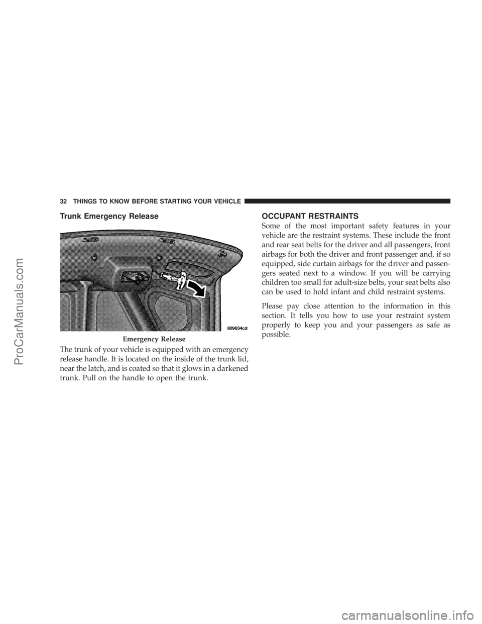 CHRYSLER 300 LX 2007  Owners Manual Trunk Emergency Release
The trunk of your vehicle is equipped with an emergency
release handle. It is located on the inside of the trunk lid,
near the latch, and is coated so that it glows in a darken