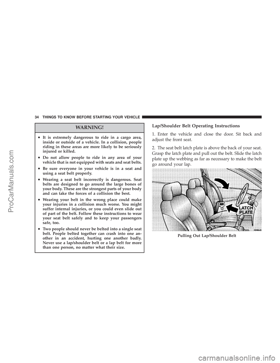 CHRYSLER 300 LX 2007 Owners Guide WARNING!
•It is extremely dangerous to ride in a cargo area,
inside or outside of a vehicle. In a collision, people
riding in these areas are more likely to be seriously
injured or killed.
•Do not