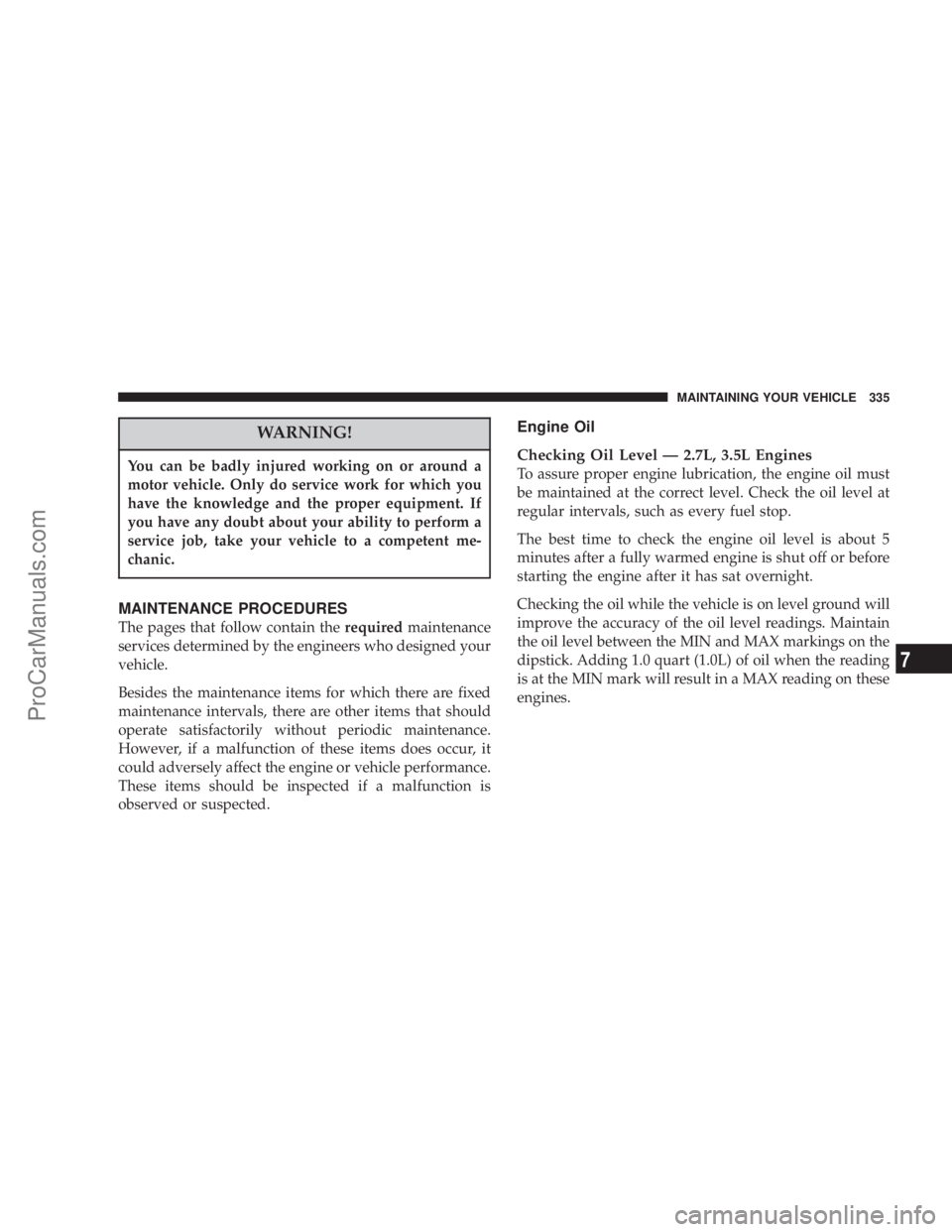 CHRYSLER 300 LX 2007  Owners Manual WARNING!
You can be badly injured working on or around a
motor vehicle. Only do service work for which you
have the knowledge and the proper equipment. If
you have any doubt about your ability to perf