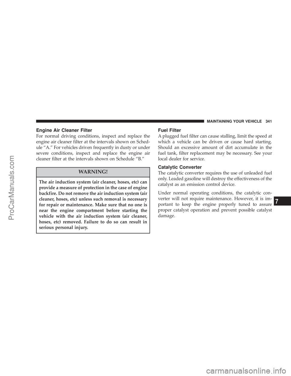 CHRYSLER 300 LX 2007  Owners Manual Engine Air Cleaner Filter
For normal driving conditions, inspect and replace the
engine air cleaner filter at the intervals shown on Sched-
ule “A.” For vehicles driven frequently in dusty or unde