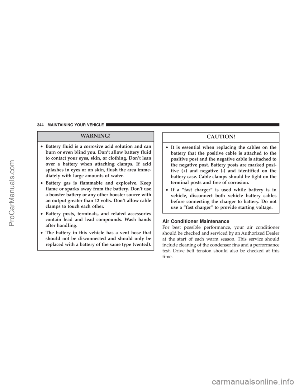 CHRYSLER 300 LX 2007  Owners Manual WARNING!
•Battery fluid is a corrosive acid solution and can
burn or even blind you. Don’t allow battery fluid
to contact your eyes, skin, or clothing. Don’t lean
over a battery when attaching c