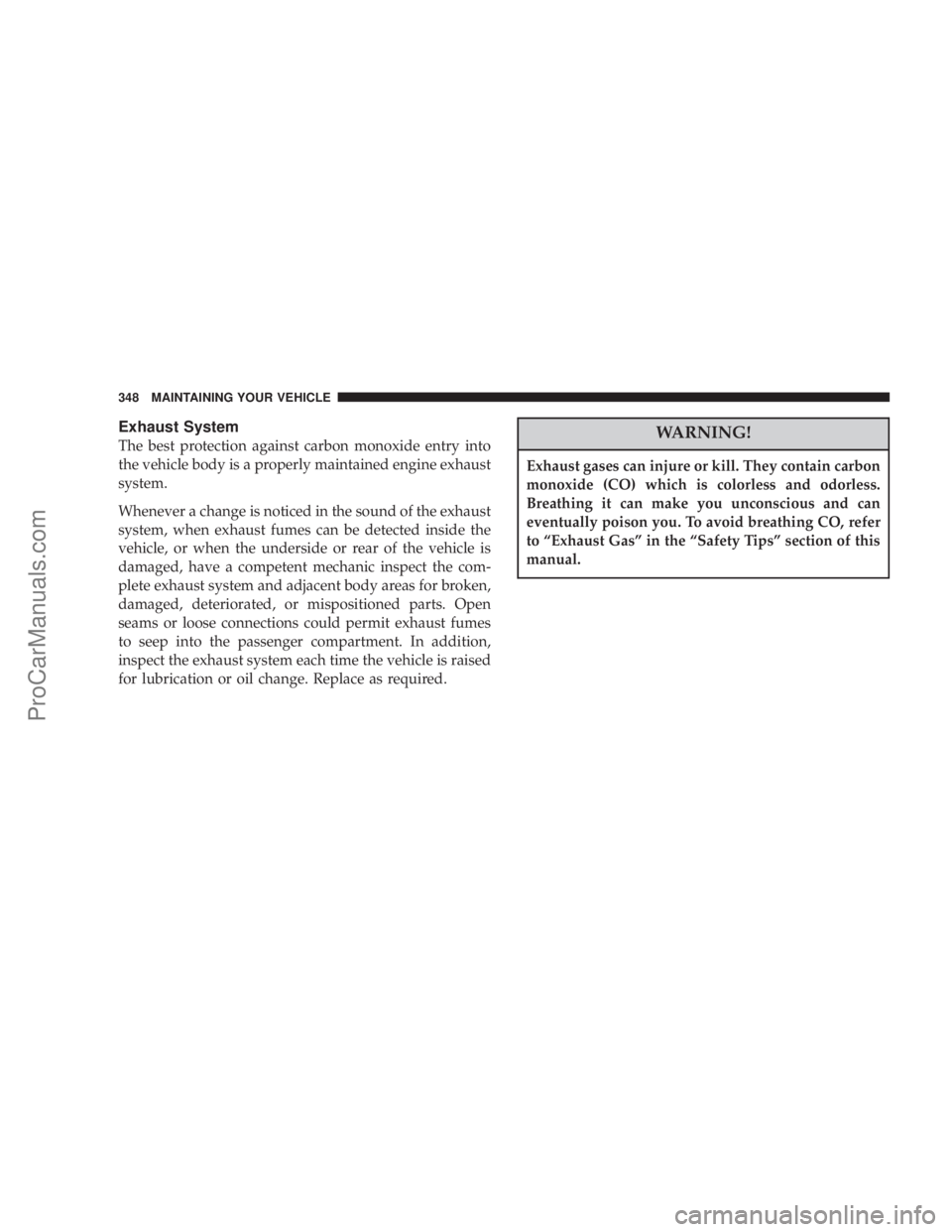 CHRYSLER 300 LX 2007 Manual Online Exhaust System
The best protection against carbon monoxide entry into
the vehicle body is a properly maintained engine exhaust
system.
Whenever a change is noticed in the sound of the exhaust
system, 