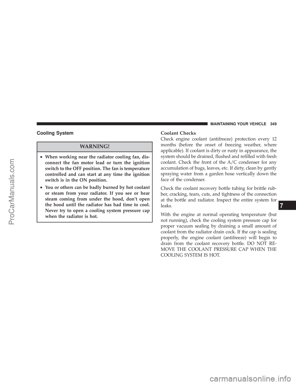 CHRYSLER 300 LX 2007  Owners Manual Cooling System
WARNING!
•When working near the radiator cooling fan, dis-
connect the fan motor lead or turn the ignition
switch to the OFF position. The fan is temperature
controlled and can start 