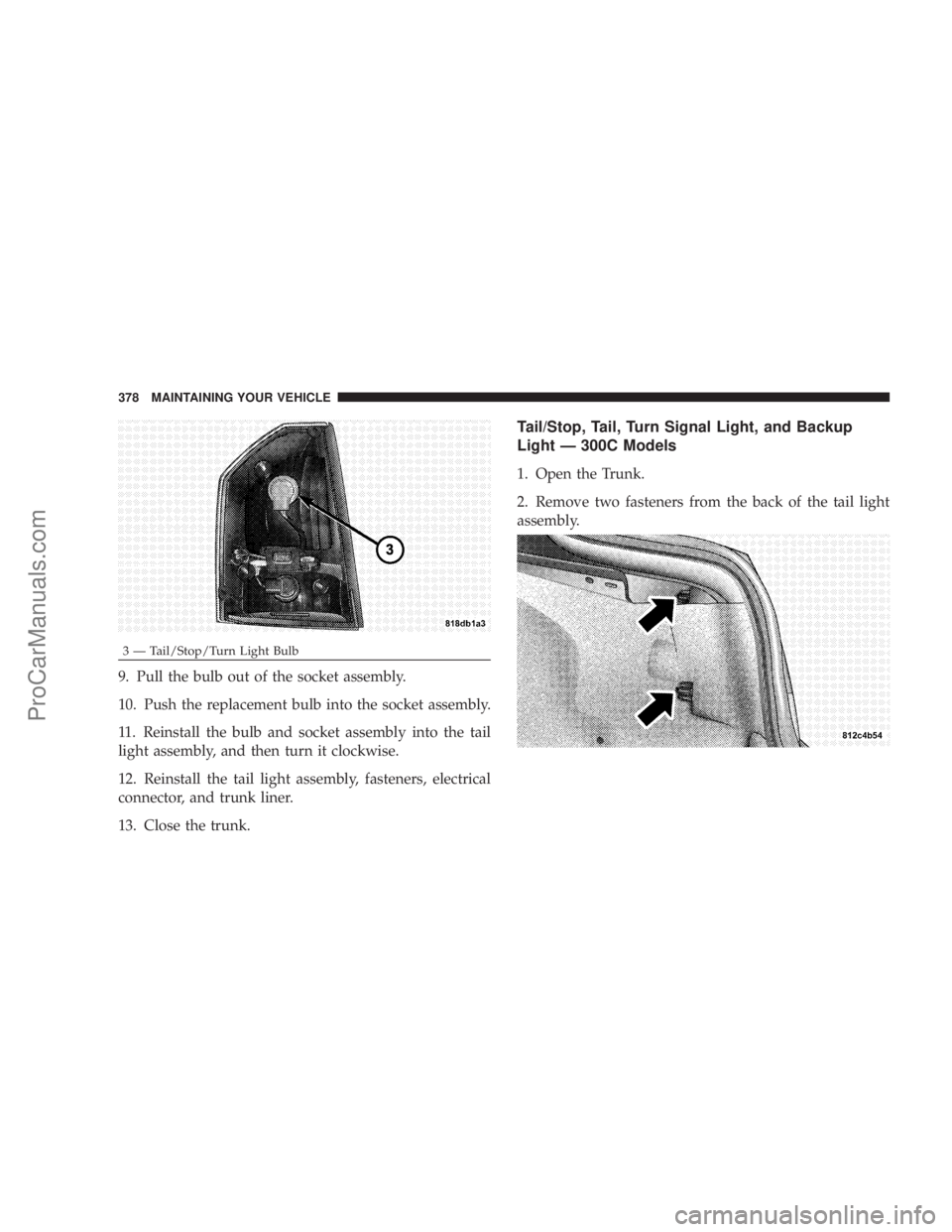 CHRYSLER 300 LX 2007  Owners Manual 9. Pull the bulb out of the socket assembly.
10. Push the replacement bulb into the socket assembly.
11. Reinstall the bulb and socket assembly into the tail
light assembly, and then turn it clockwise