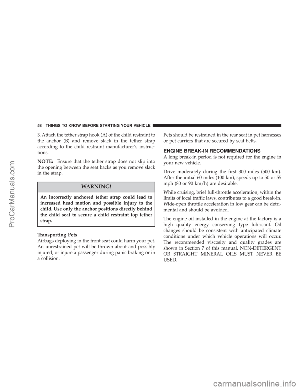 CHRYSLER 300 LX 2007  Owners Manual 3. Attach the tether strap hook (A) of the child restraint to
the anchor (B) and remove slack in the tether strap
according to the child restraint manufacturer’s instruc-
tions.
NOTE:Ensure that the