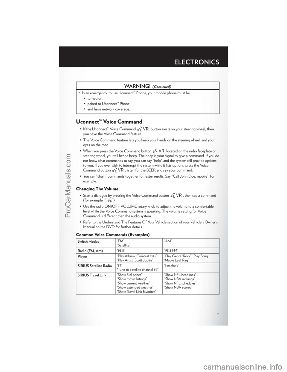 CHRYSLER 300 S 2012 Workshop Manual WARNING!(Continued)
• In an emergency, to use Uconnect™ Phone, your mobile phone must be:• turned on,
• paired to Uconnect™ Phone,
• and have network coverage.
Uconnect™ Voice Command
CHRYSLER 300 S 2012 Workshop Manual WARNING!(Continued)
• In an emergency, to use Uconnect™ Phone, your mobile phone must be:• turned on,
• paired to Uconnect™ Phone,
• and have network coverage.
Uconnect™ Voice Command